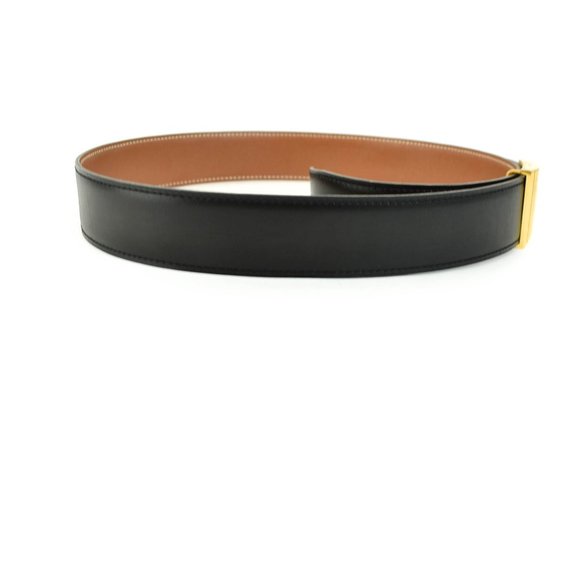 HERMES: Black/Brown, Leather & Gold "H" Buckle Belt fits 25" to 28" (wb) - Picture 4 of 11